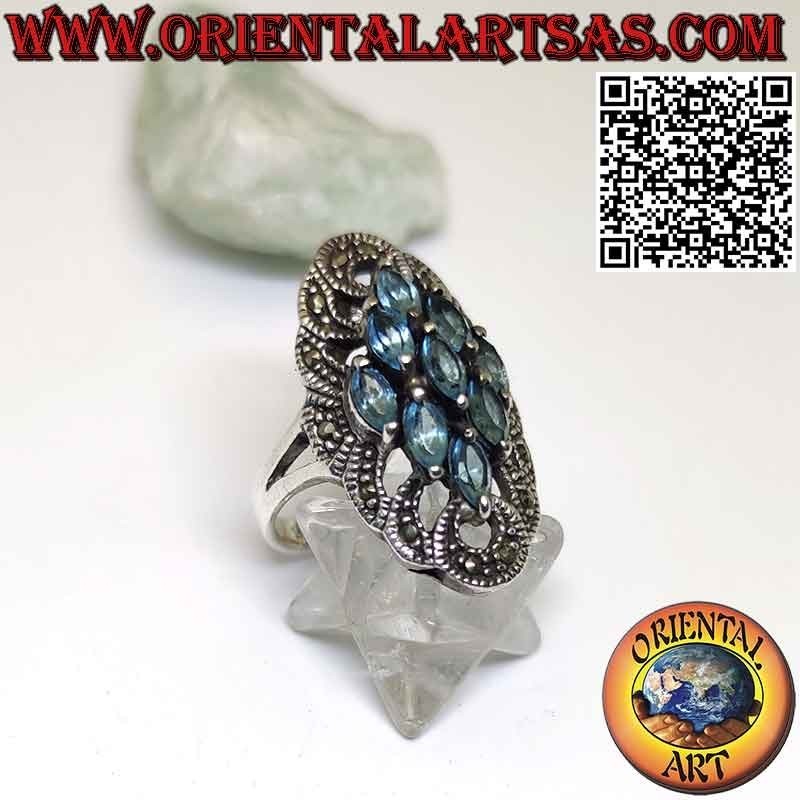 Bague en argent Spool avec topaze bleue 9 navettes et marcassite