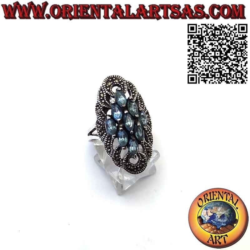 Spool silver ring with 9 shuttle blue topaz and marcasite