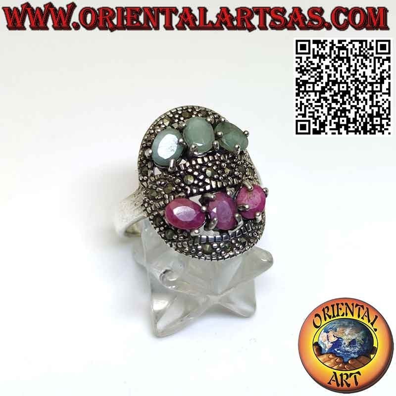 Anello in argento una fila di rubini e una di smeraldi con marcasite