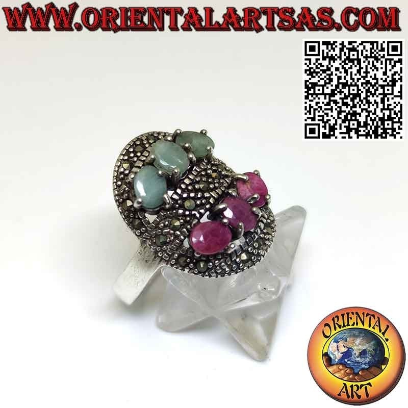 Silver ring one row of rubies and one row of emeralds with marcasite