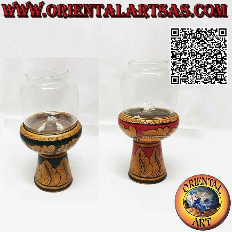 Lampada ad olio in terracotta decorata floreale con paralume in vetro