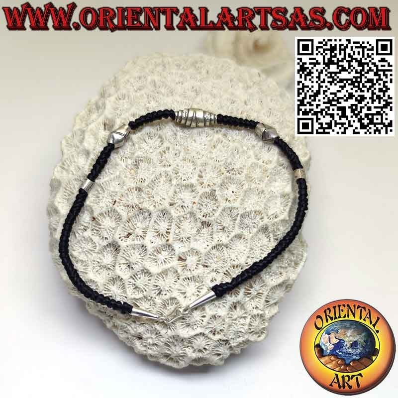 Bracelet fil ciré avec inserts tribaux (Karen) en argent 999‰