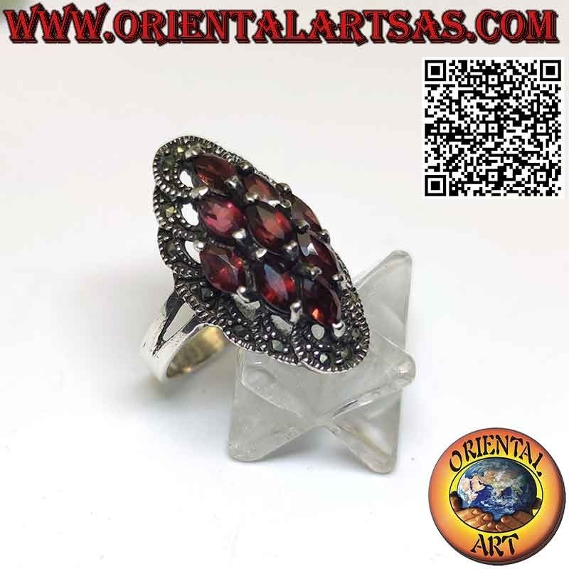 Spool silver ring with 9 shuttle garnets surrounded by marcasite