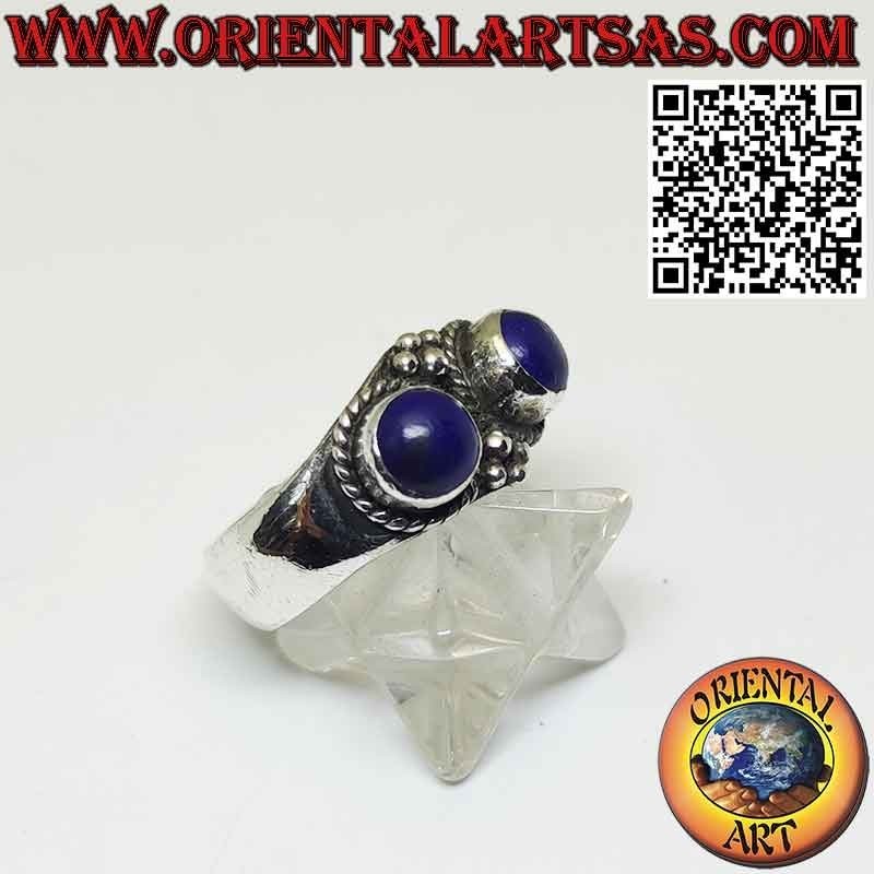 Anillo de plata con 2 lapislázuli afganos naturales engastados en relieve