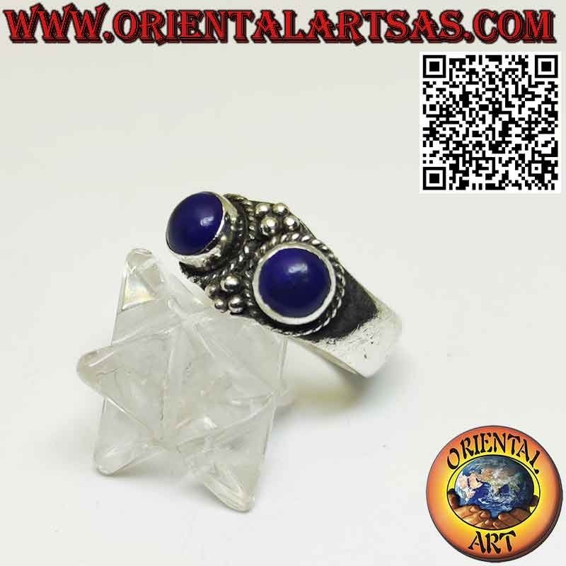 Anillo de plata con 2 lapislázuli afganos naturales engastados en relieve