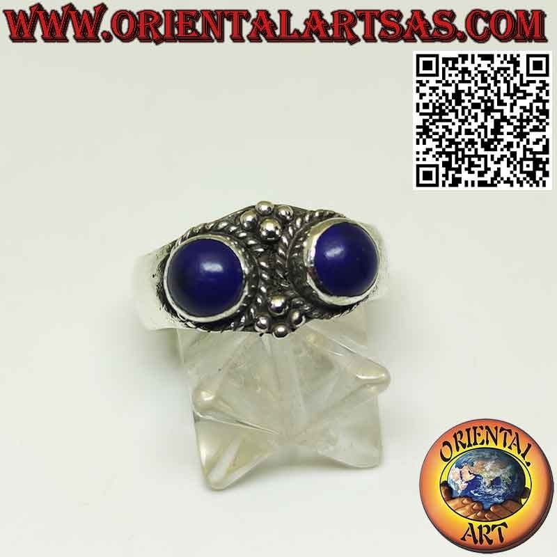 Anillo de plata con 2 lapislázuli afganos naturales engastados en relieve