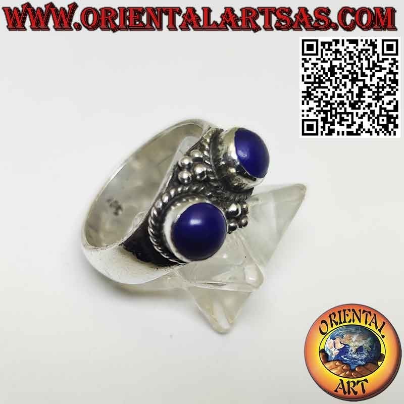 Bague en argent avec 2 lapis-lazuli afghans naturels sertis en relief