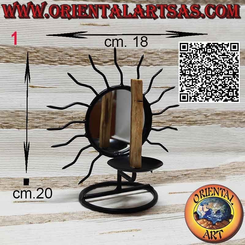 Burner for Palo Santo in wrought iron sun with rays and mirror