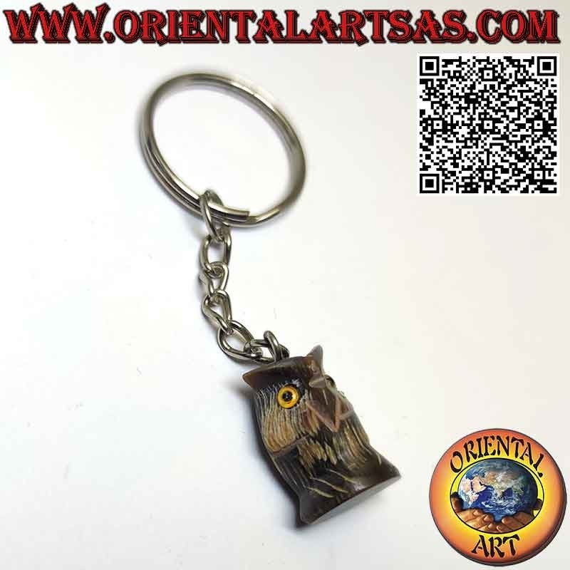 Three-dimensional owl keychain in hand carved buffalo horn with metal ring