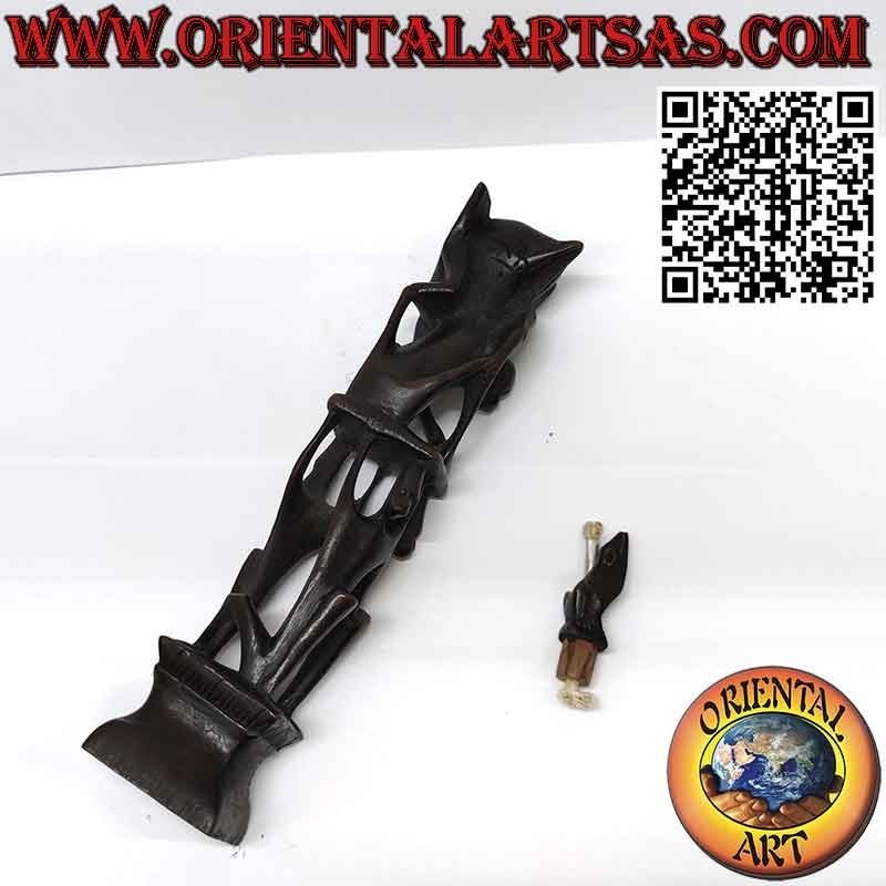 Rara escultura de ébano de hombres 1 pelícano 1 murciélago iluminado