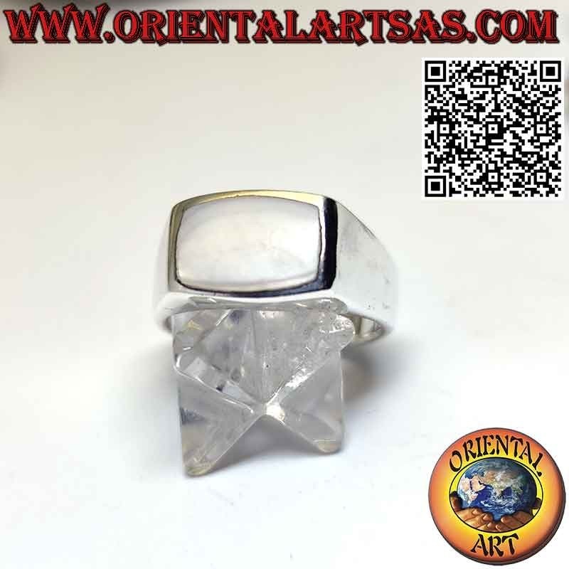 Silver ring with simple smooth transversal rectangular mother-of-pearl