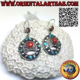 Round silver earrings studs and filigree with coral and turquoise