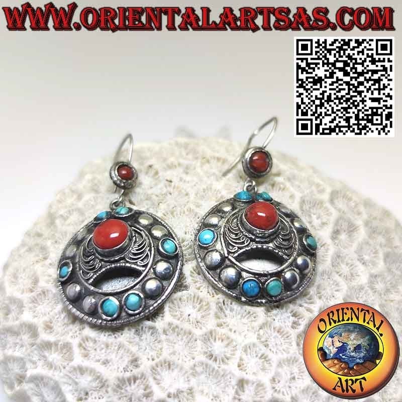 Round silver earrings studs and filigree with coral and turquoise