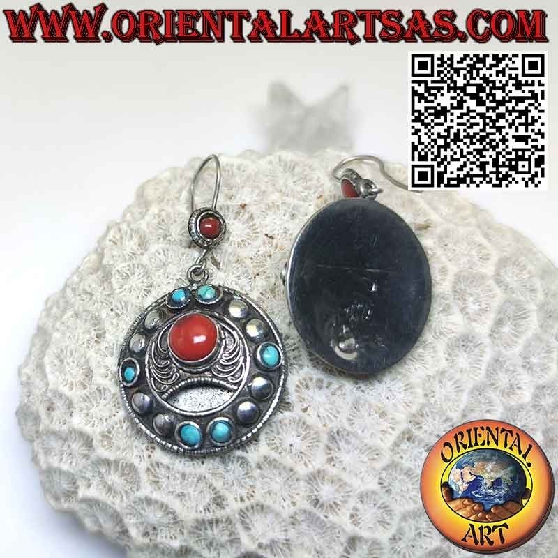 Boucles d'oreilles rondes en argent clous et filigrane avec corail et turquoise