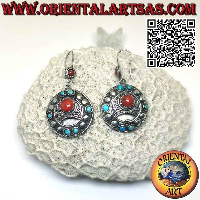 Boucles d'oreilles rondes en argent clous et filigrane avec corail et turquoise
