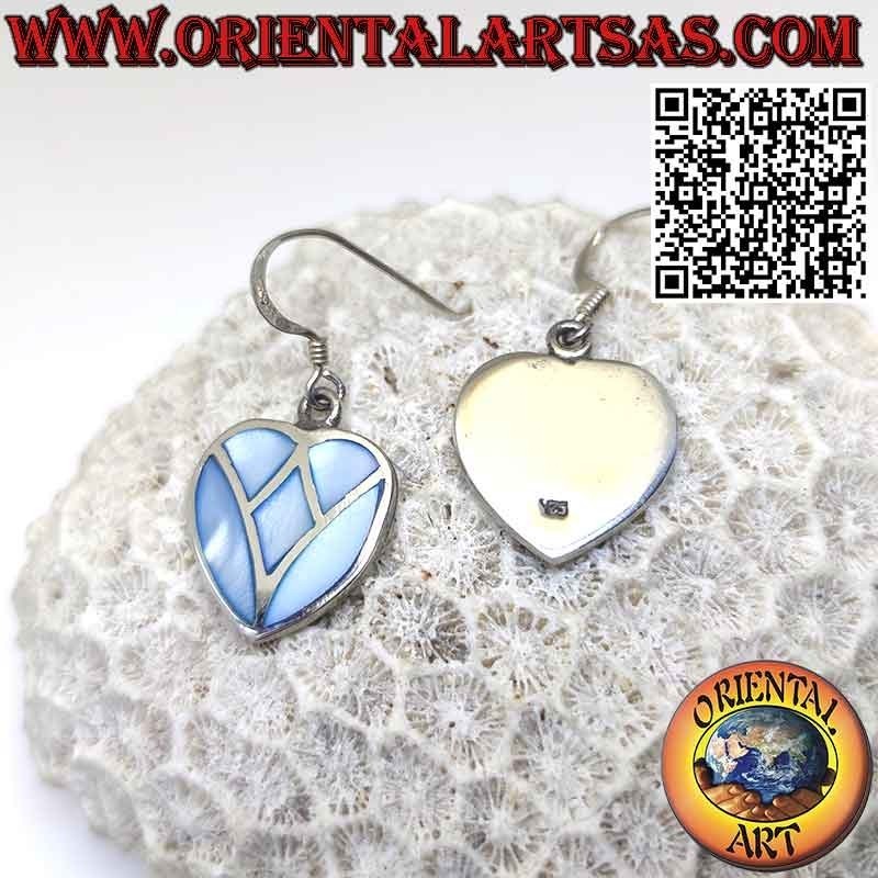 Boucles d'oreilles en argent en forme de cœur avec des chevilles mère bleu clair de la mosaïque