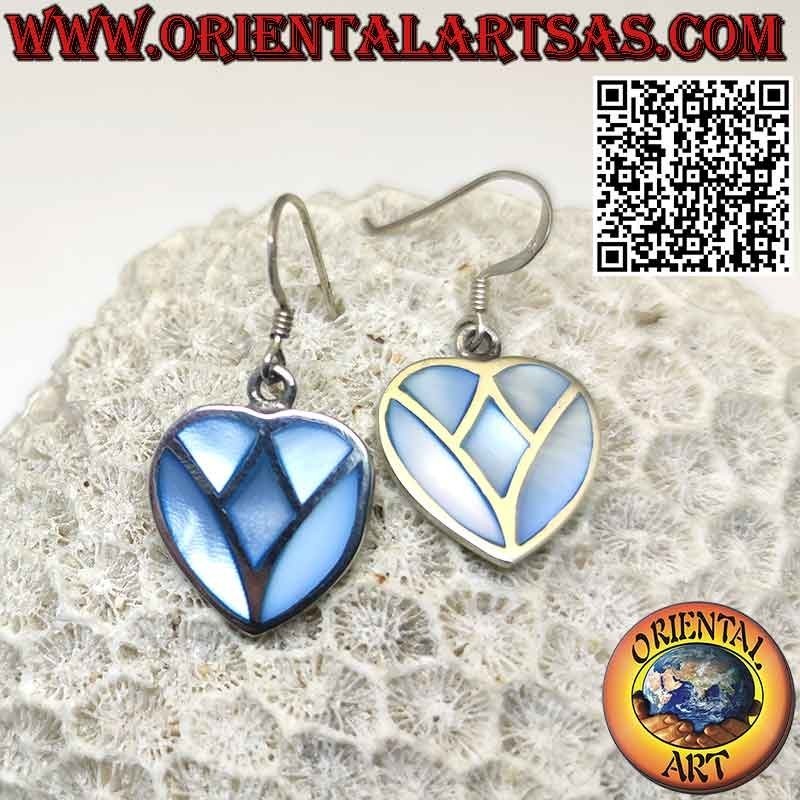 Orecchini in argento pendenti a forma di cuore con madreperla celeste a mosaico