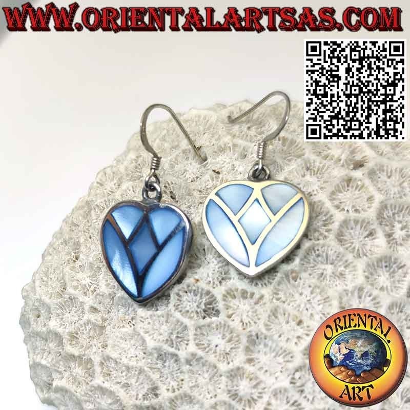 Orecchini in argento pendenti a forma di cuore con madreperla celeste a mosaico