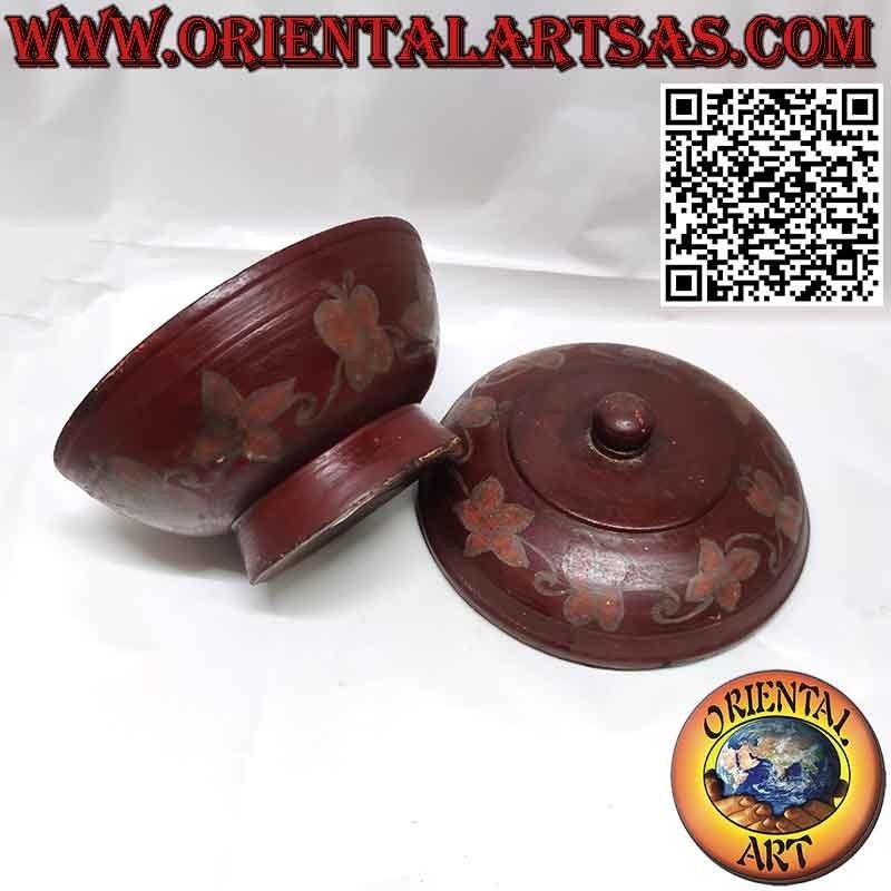 Antica contenitore tondo in legno mogano e disegni floreali dei Dayak