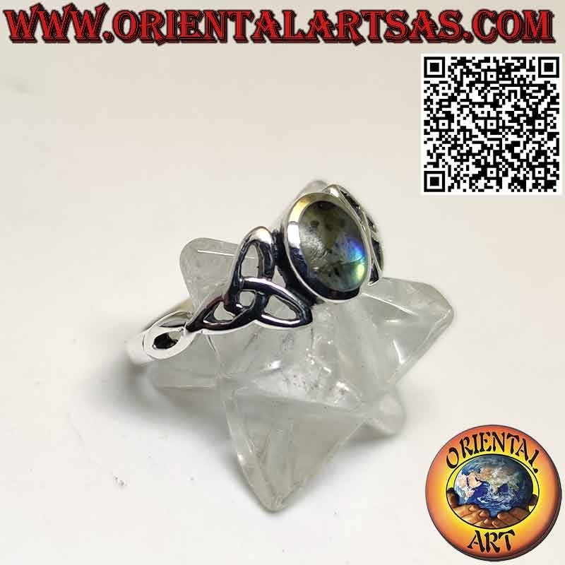 Silver ring with oval labradorite set and Triquetra on the sides