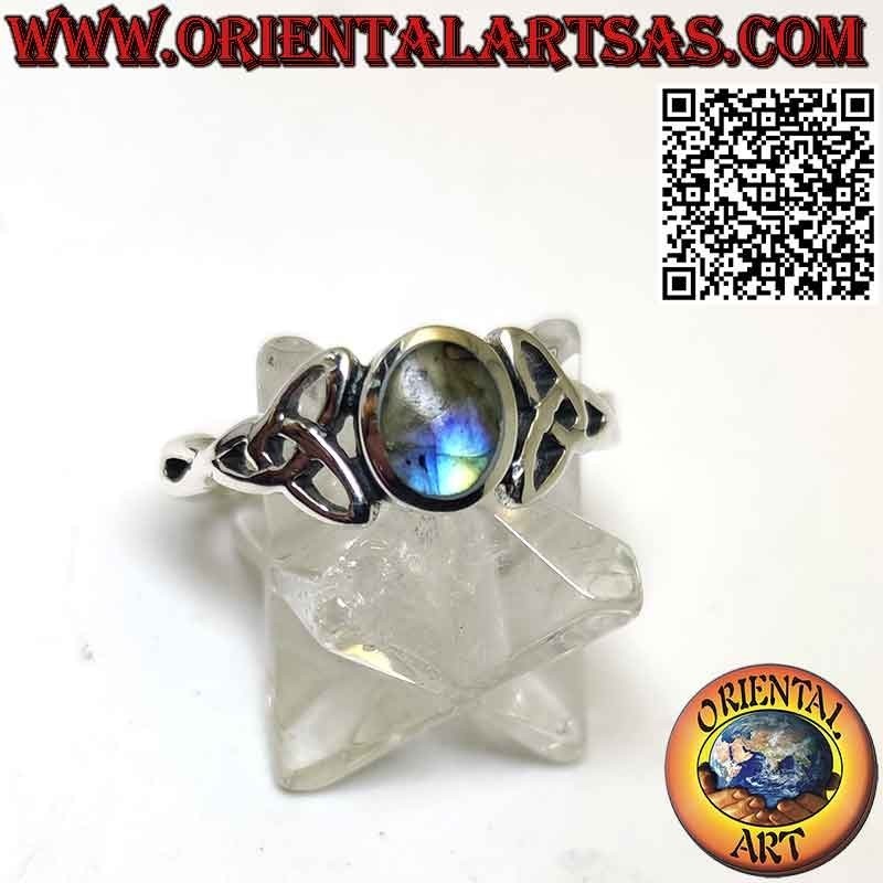Silver ring with oval labradorite set and Triquetra on the sides