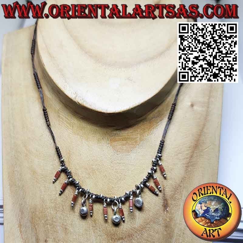 Collier Karen en fil ciré avec bijoux argent et pierre de soleil