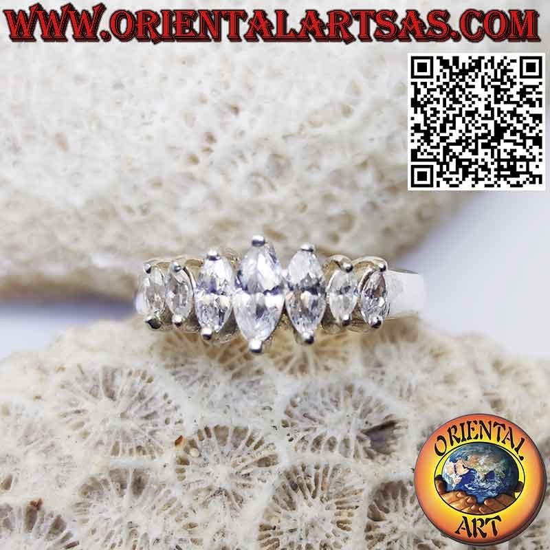 Silver ring with 7 increasing and decreasing shuttle zircons