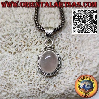 Silver pendant with oval rose quartz intertwining border and spheres