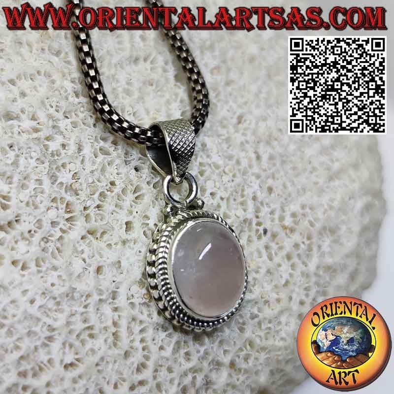 Ciondolo in argento con quarzo rosa ovale bordo da intreccio e sfere