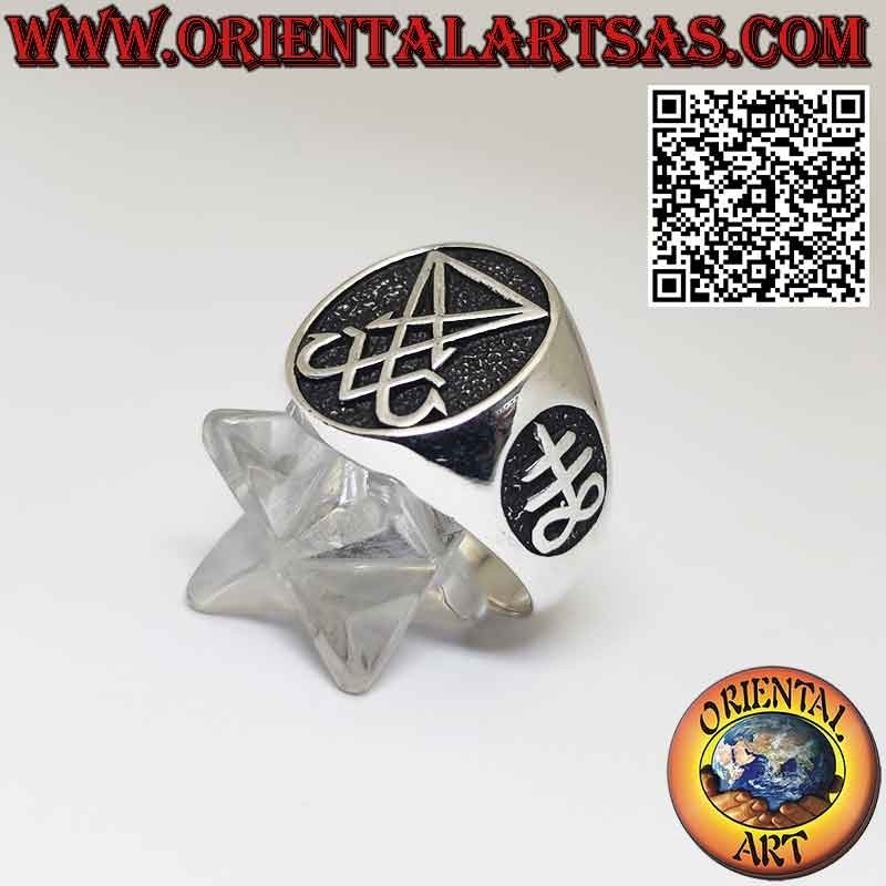 Chevalière bague en argent de Lucifer ou Satan et Léviathan croix sur les côtés