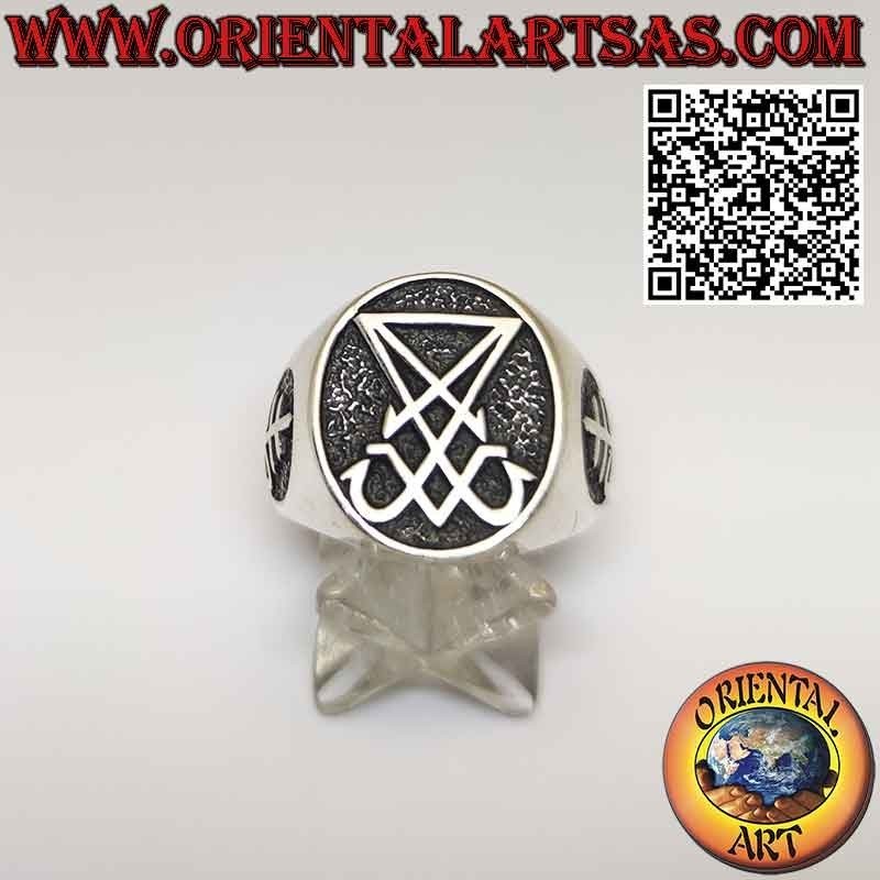 Anillo de plata de sello de Lucifer o Satán y cruz de Leviatán en los laterales