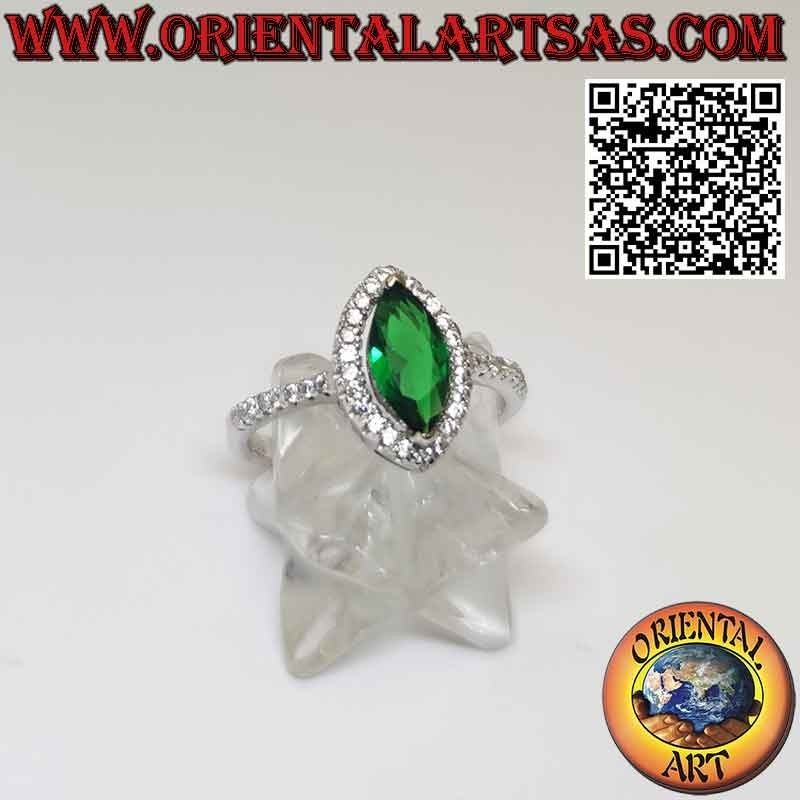 Silver ring with shuttle synthesis emerald and zircons