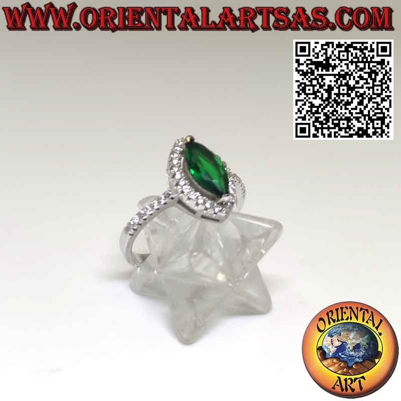 Silver ring with shuttle synthesis emerald and zircons
