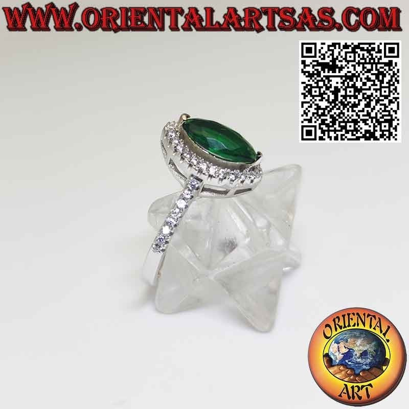 Silver ring with shuttle synthesis emerald and zircons