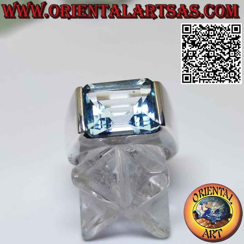 Silver ring with horizontally embedded rectangular blue topaz