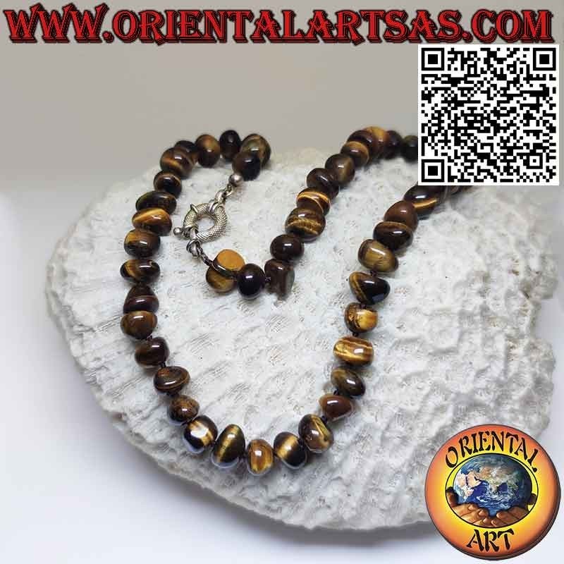 Collana Occhio di Tigre Naturale a Ciottoli con Dettagli in Argento