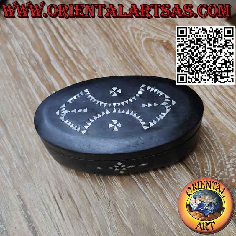 Scatola ovale in legno mogano e intarsi in madreperla, Lombok Indonesia