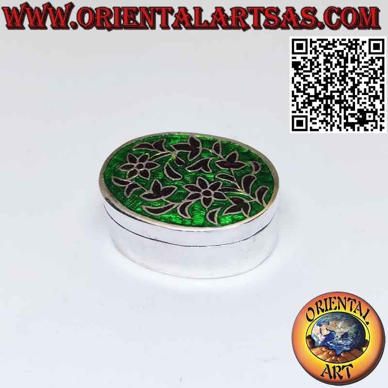Small box in ellipsoid silver chiselled and floral enameled pillbox