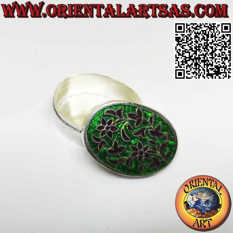 Small box in ellipsoid silver chiselled and floral enameled pillbox