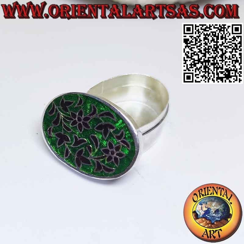 Small box in ellipsoid silver chiselled and floral enameled pillbox