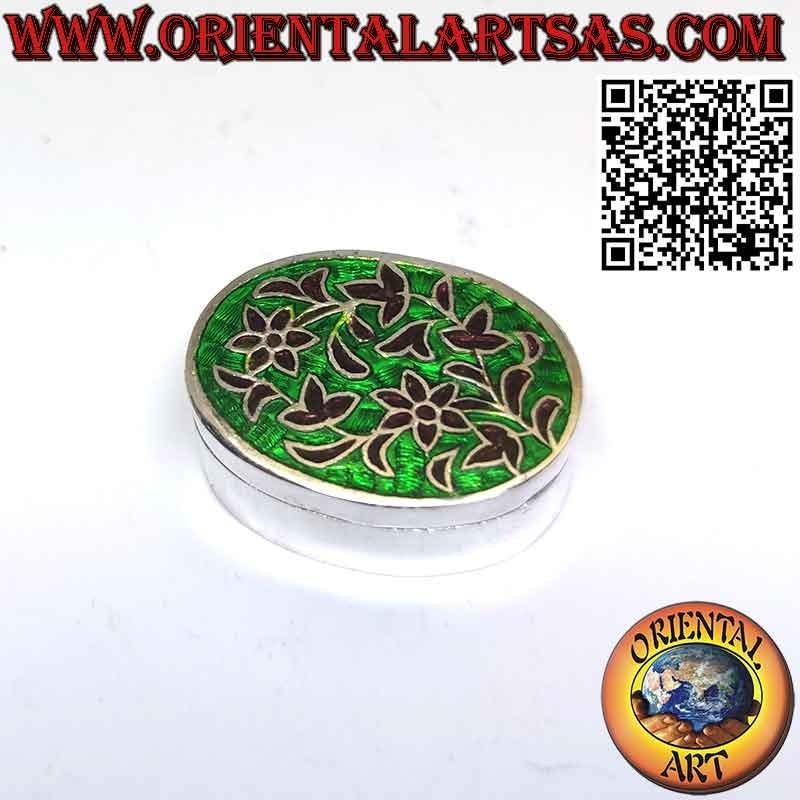 Small box in ellipsoid silver chiselled and floral enameled pillbox