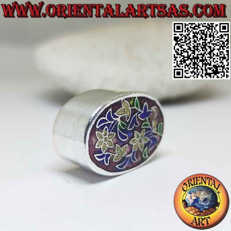 Small box in ellipsoid silver chiselled and floral enameled pillbox