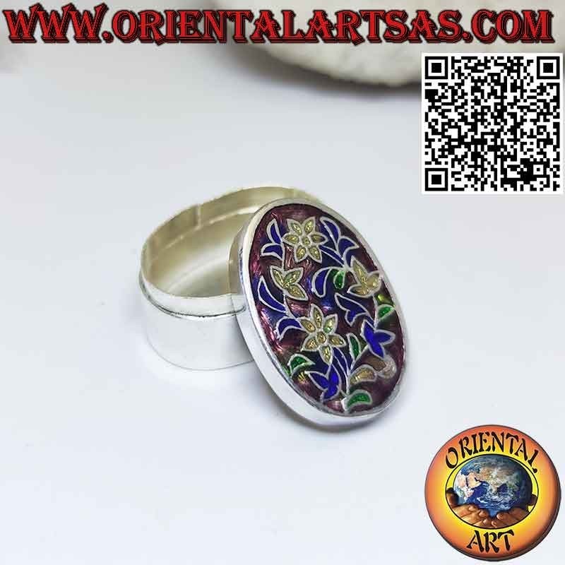 Cajita en forma de pastillero elipsoide plateado cincelado y esmaltado floral