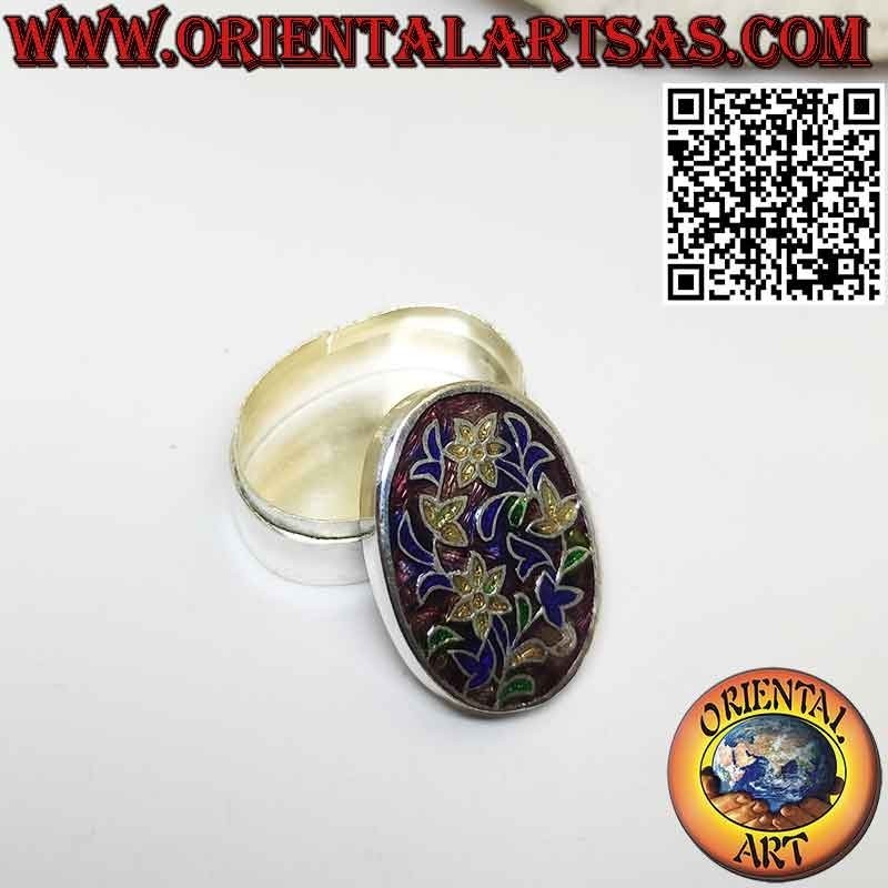 Cajita en forma de pastillero elipsoide plateado cincelado y esmaltado floral