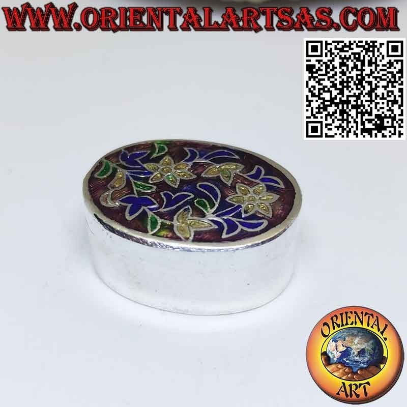Small box in ellipsoid silver chiselled and floral enameled pillbox