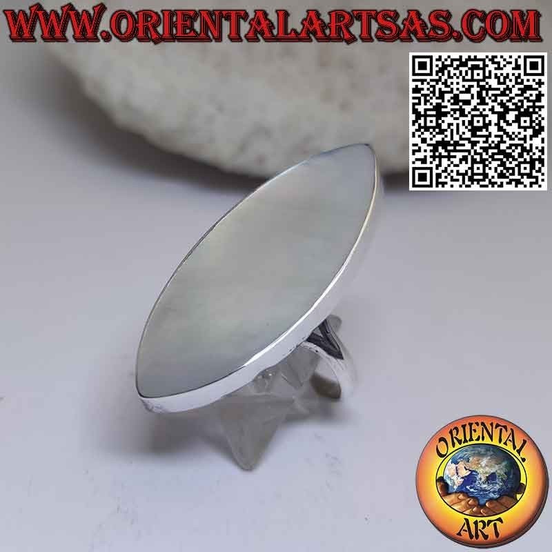 Silver ring with long spool mother-of-pearl smooth edge