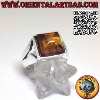Silver ring with Baltic square amber in carved setting