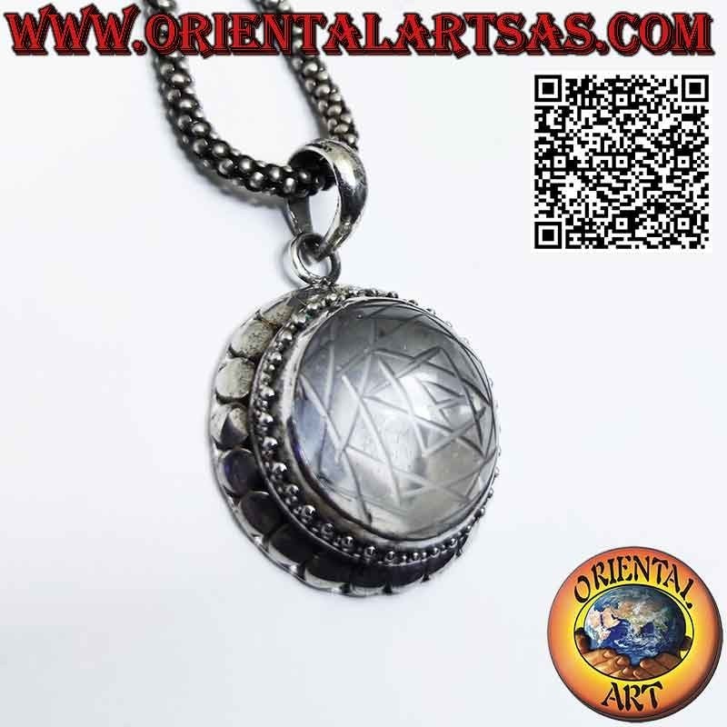 Sri Yantra silver pendant engraved in rock crystal and studded edge