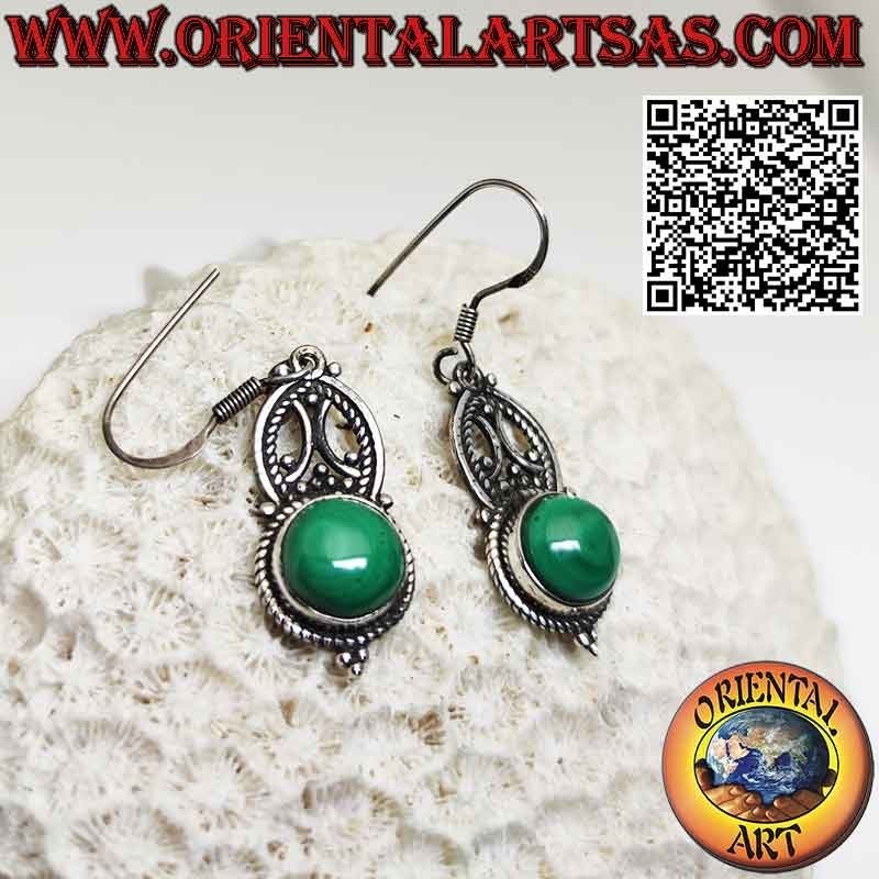 Silver earrings with ethnic decorations and round cabochon malachite