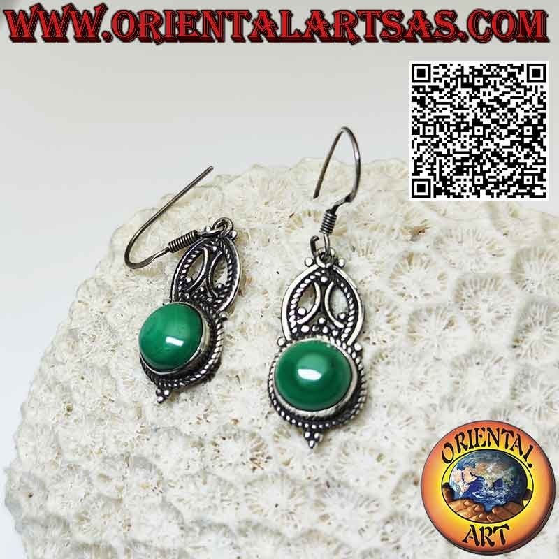 Boucles d'oreilles en argent avec décorations ethniques et cabochon rond malachite
